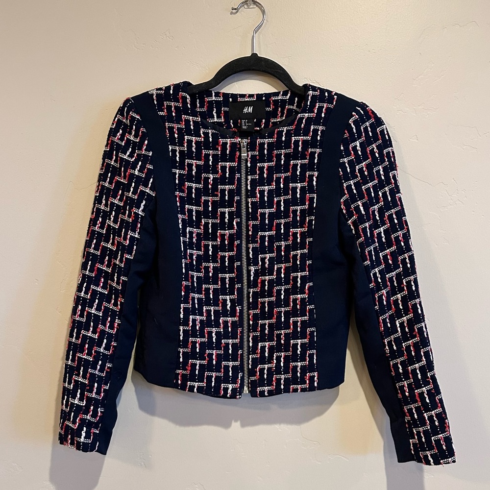 H&M Zipper Front Red White and Blue Stitched Blazer